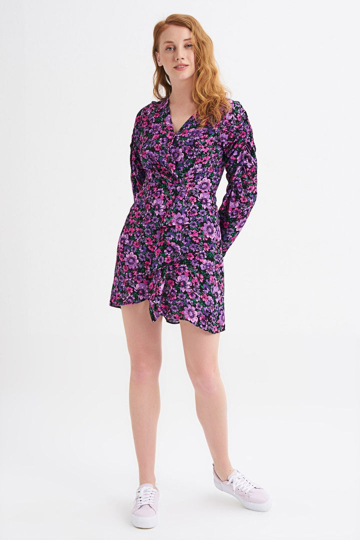 Floral Patterned Frill Detailed Dress Purple