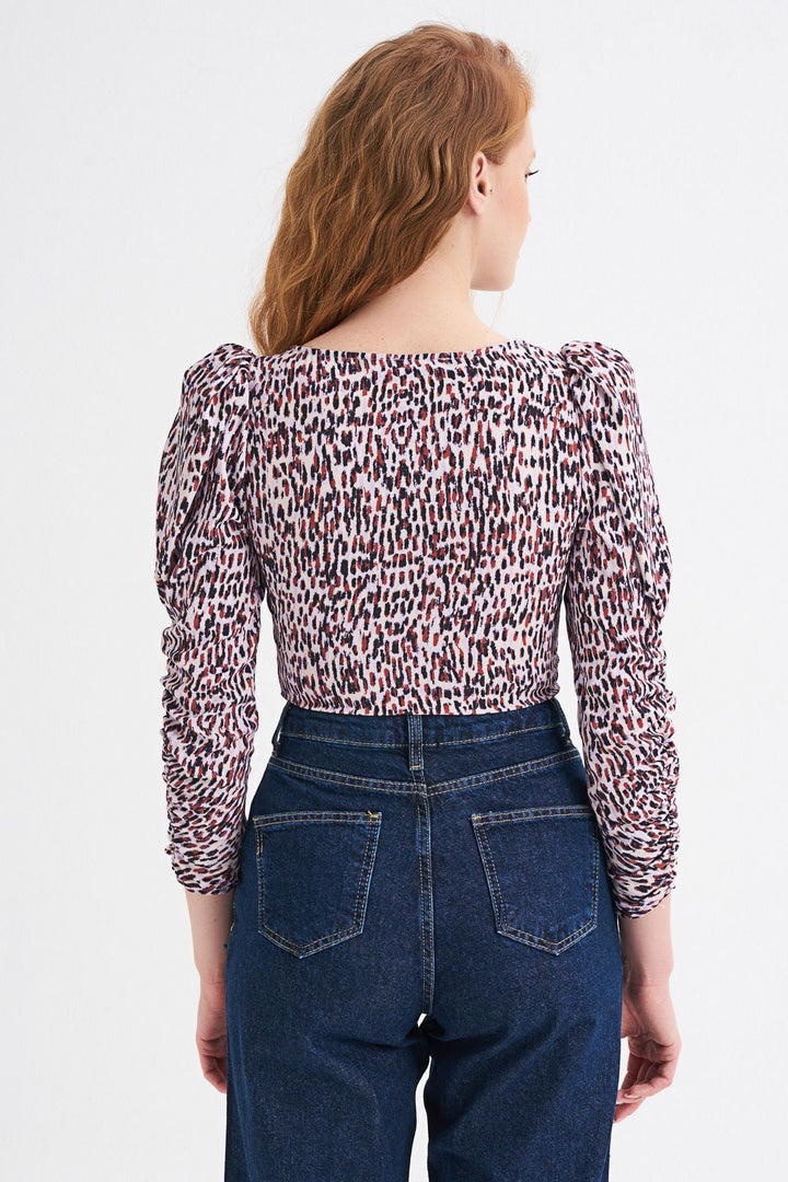 Patterned Front Buttoned Sleeves Gathered Blouse Lilac