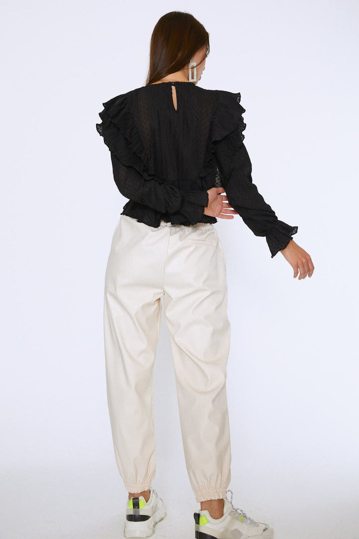 Ruffled Long Sleeve Blouse Black
