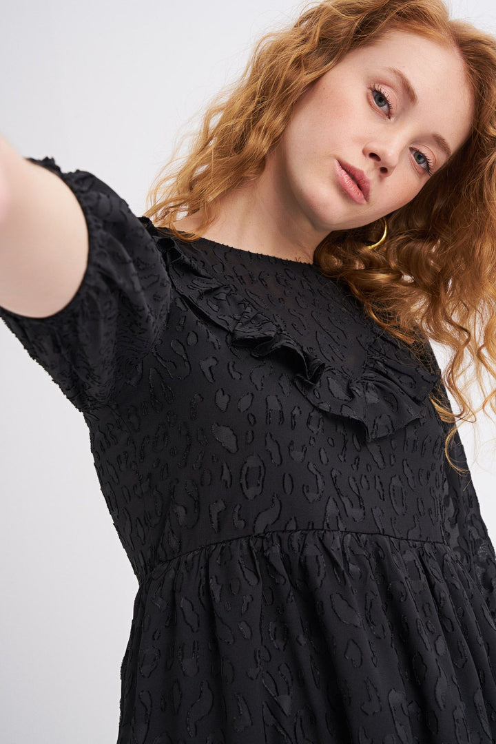 Ruffle Detailed Midi Dress Black
