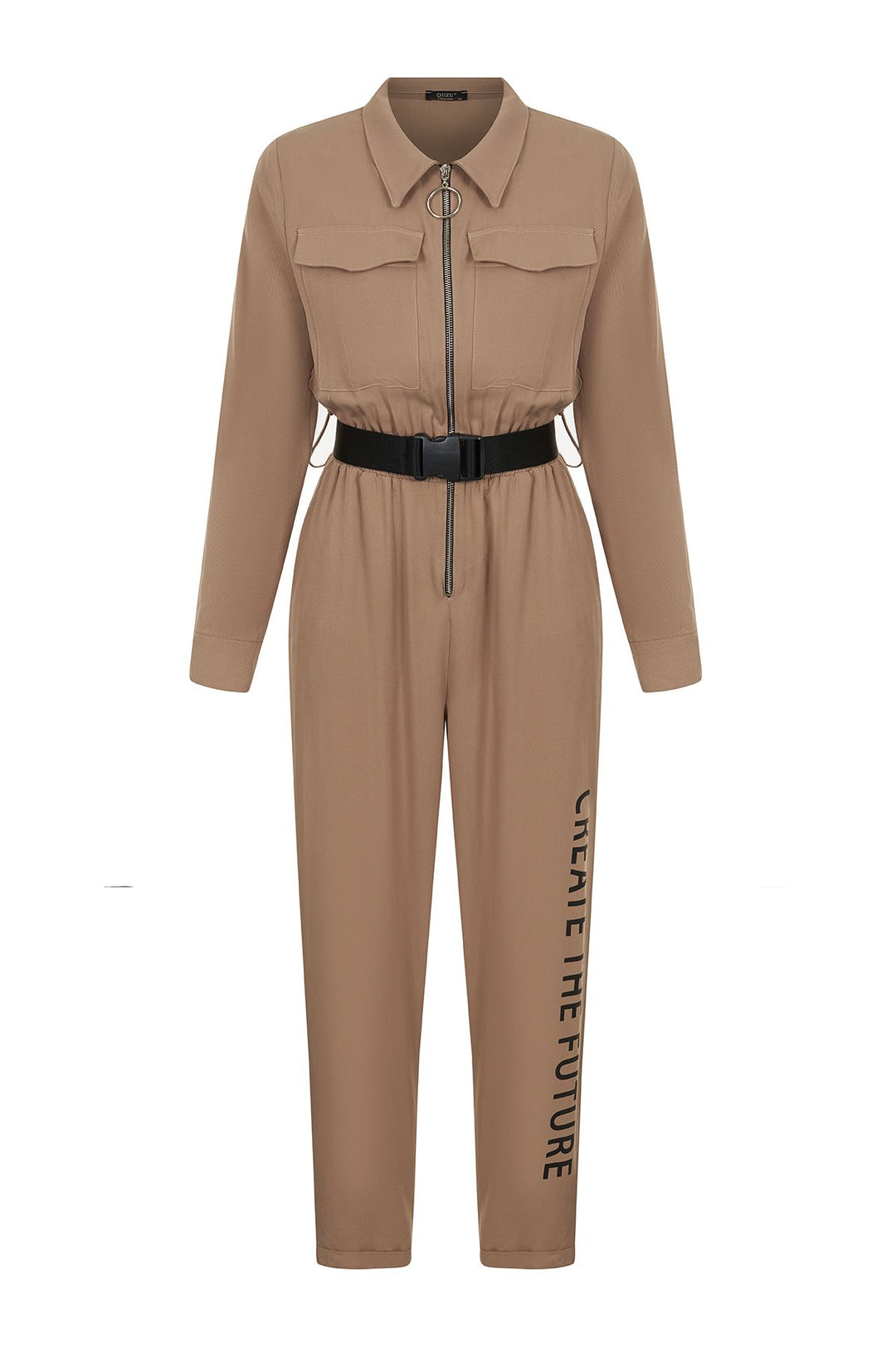 Kemerli Yazı Detaylı Tulum Camel