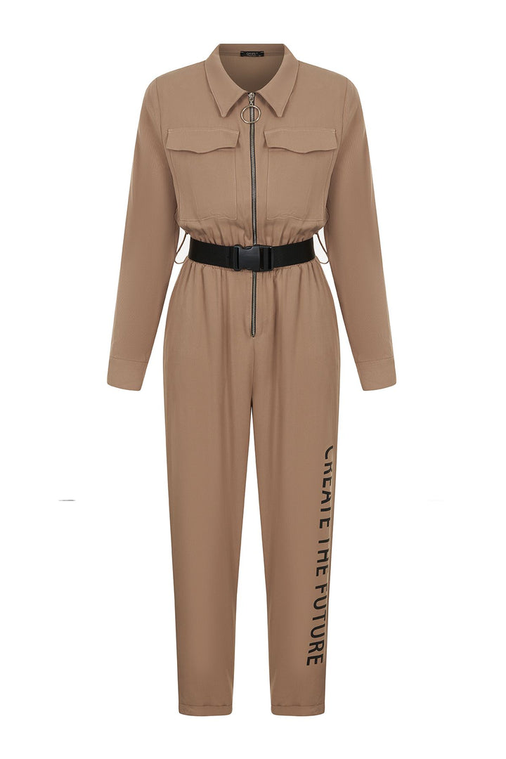 Kemerli Yazı Detaylı Tulum Camel