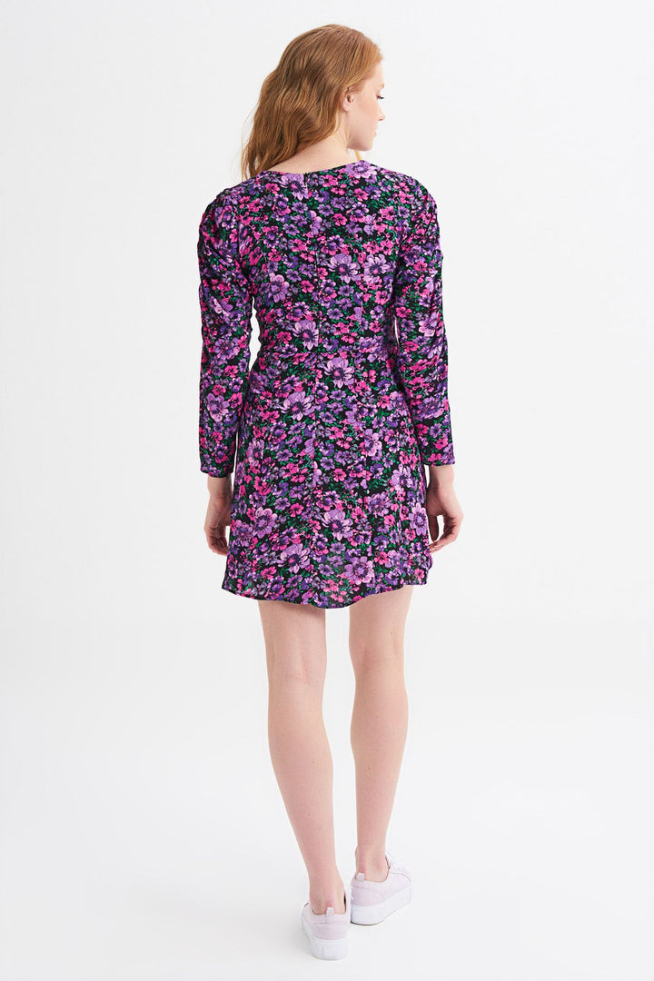 Floral Patterned Frill Detailed Dress Purple