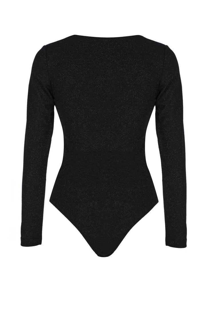 Double Breasted Silvery Bodysuit Blouse Black