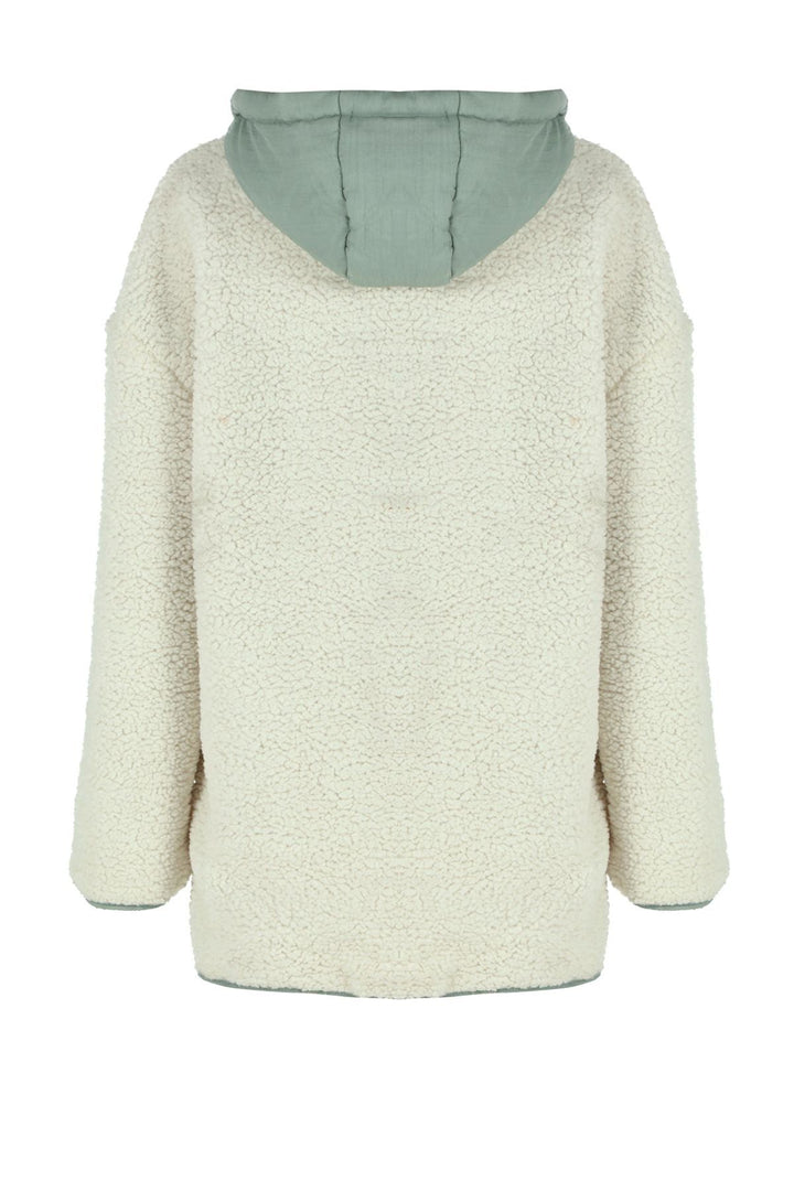 Hooded Plush Detailed Coat Ecru