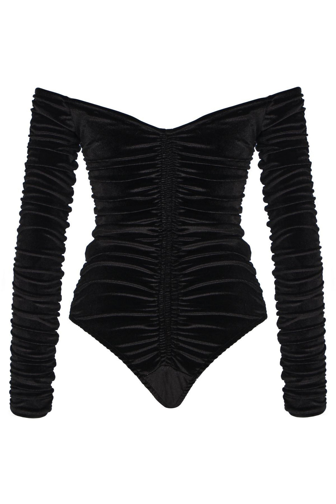 Pleated V-Neck Velvet Bodysuit Black