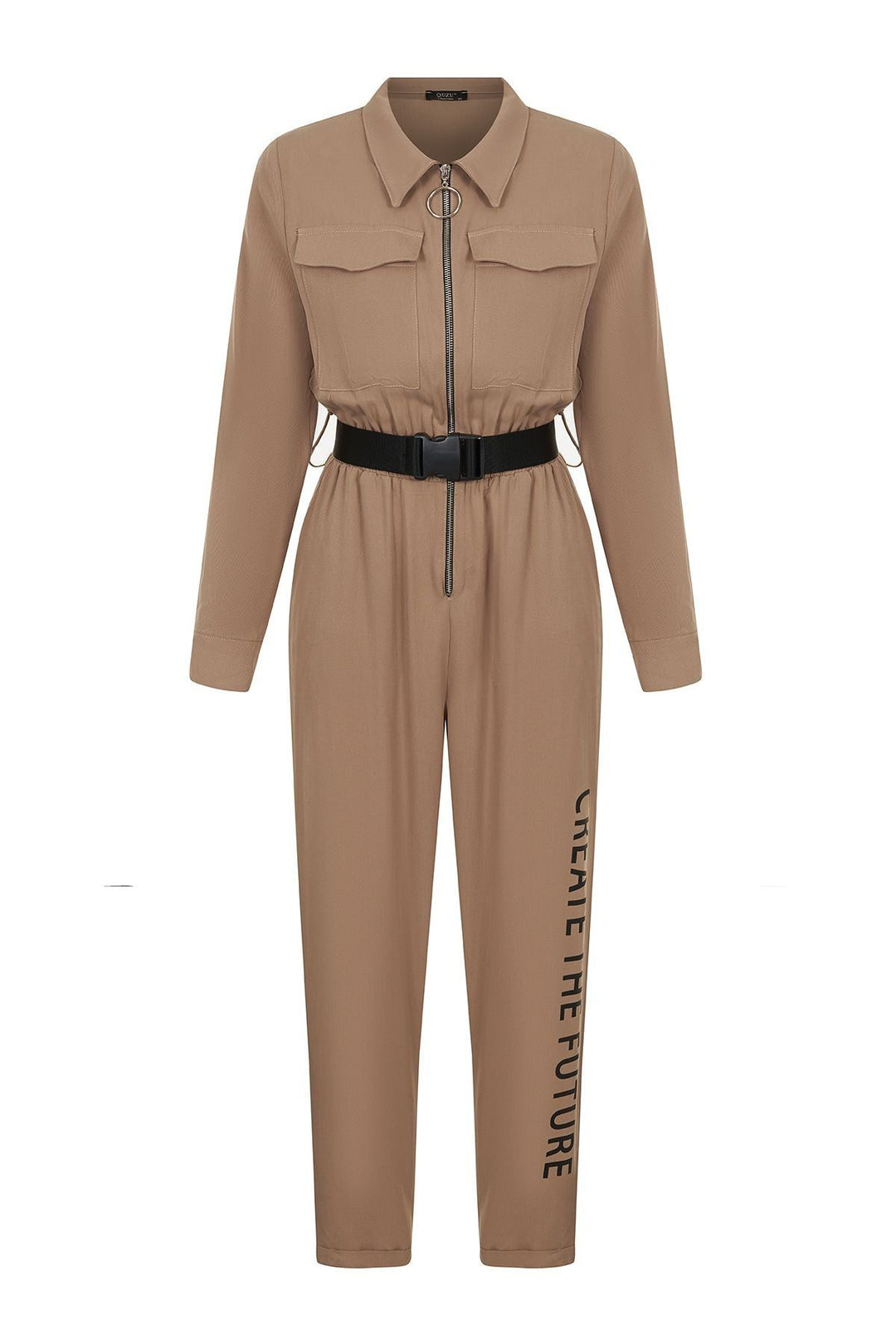 Kemerli Yazı Detaylı Tulum Camel