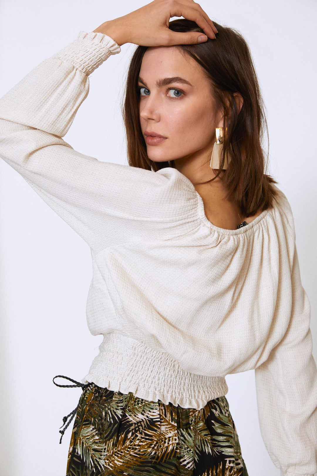 Off Shoulder Gipe Linen Blouse Natural