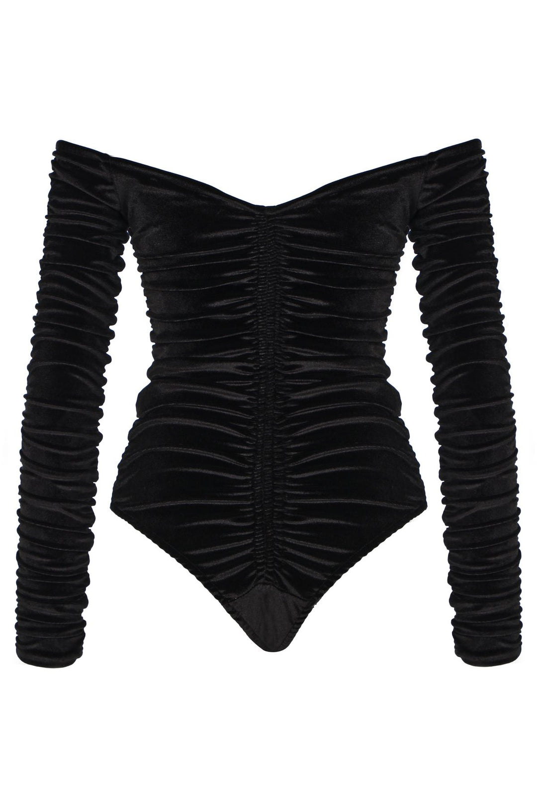 Pleated V-Neck Velvet Bodysuit Black