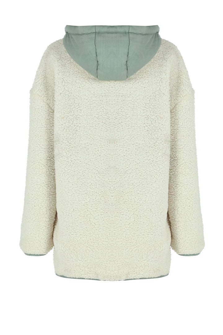 Hooded Plush Detailed Coat Ecru