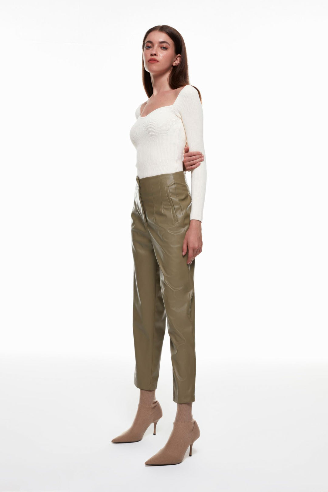 Pens Detaylı Deri Pantolon Koyu Haki